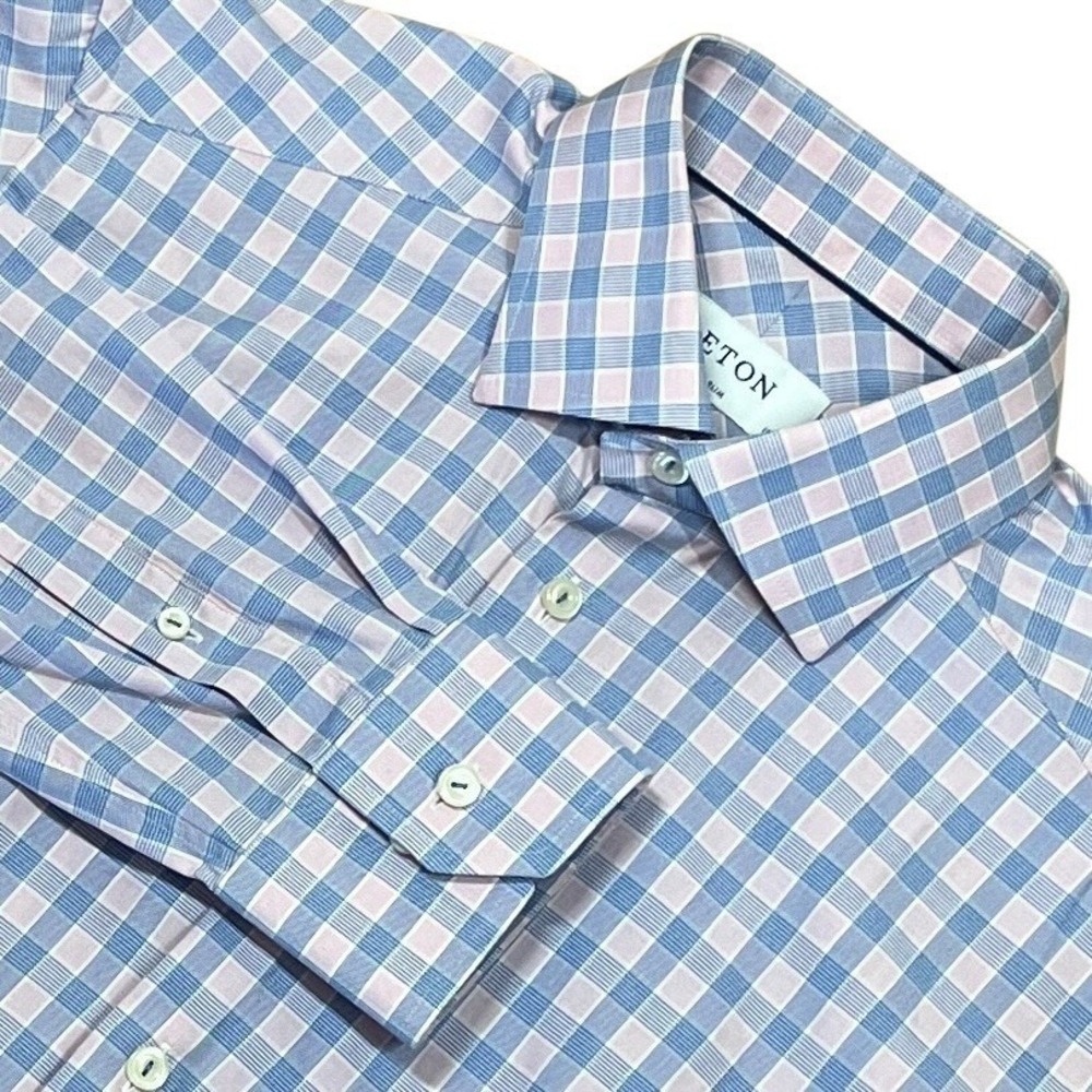 Eton Long Sleeve Button Up Shirt Mens M/15.5/39 Blue Pink Check Cotton Lyocell